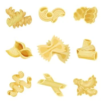 Detailed flat vector set of traditional Italian pasta of different shapes Illustrazione stock