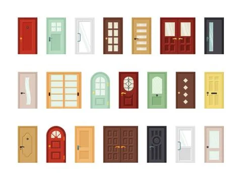 Detailed front doors flat vector icons set Stock Illustration
