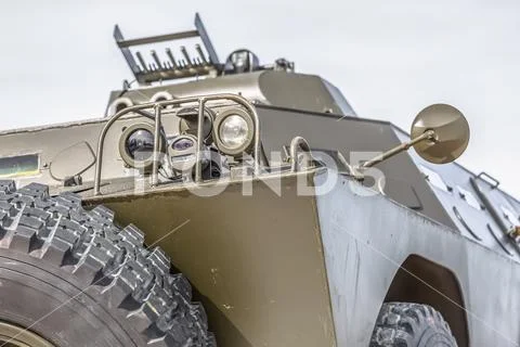 Detailed front view of old armored military vehicle Stock Photos