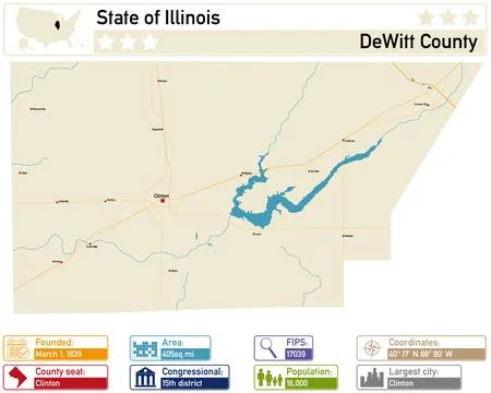 Detailed infographic and map of DeWitt County in Illinois USA. Stock Illustration