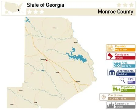 Detailed infographic and map of Monroe County in Georgia USA. Stock Illustration