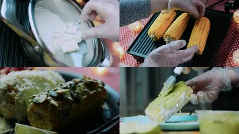 Detailed ingredient study: multi-panel view of grilling and garnishing corn Foto stock