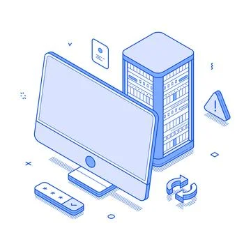 A detailed isometric vector illustration showcasing a data center setup with  库存插图
