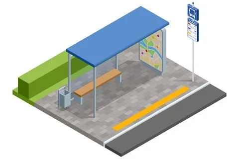A detailed isometric vector image of a public bus stop. Includes people waiting Stock Illustration
