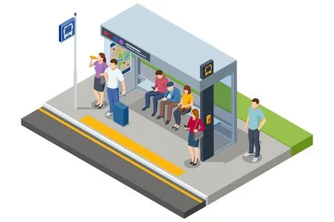 A detailed isometric vector image of a public bus stop. Includes people waiting Stock Illustration
