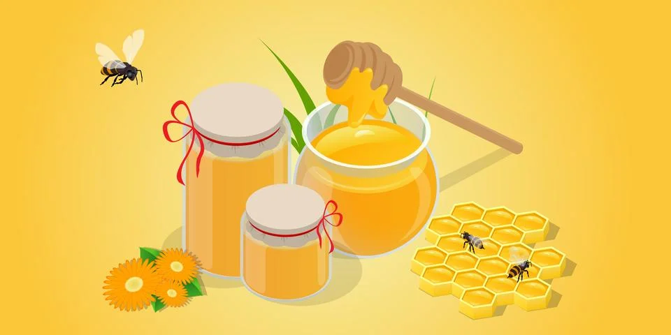 A detailed isometric vector image of three honey jars with a honey dipper, bees 库存插图