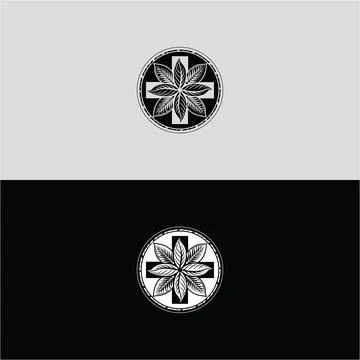 A detailed leaf pattern forms a bloom within a cross emblem. Stock-Illustration