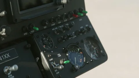Detailed look at the cockpit instrument panel of a military helicopter Stock Footage 299777213