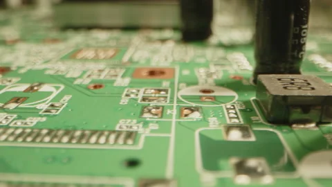Detailed macro dolly of a circuit board with connections, diodes and microchips Stock Footage 315629546