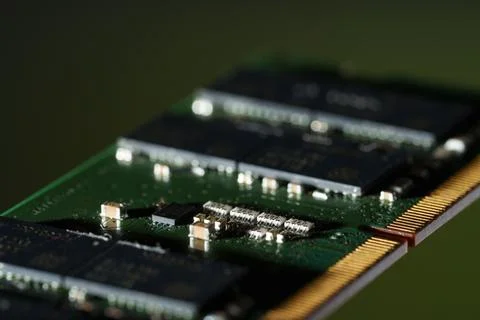 Detailed macro photograph of a computer RAM (Random Access Memory) stick. Stock Photos