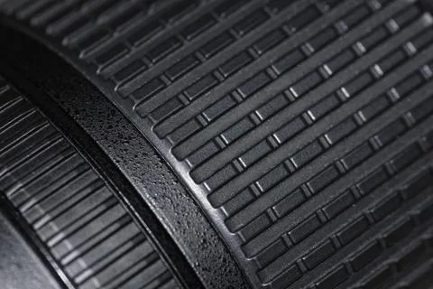 Detailed Macro Texture of Black Camera Lens Focus Ring Grip Stock Photos