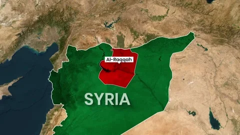 Detailed map animation highlighting the Al-Raqqah region within Syria video Stock Footage 342611327