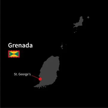 Detailed map of Grenada and capital city St. George's with flag on black Stock Illustration