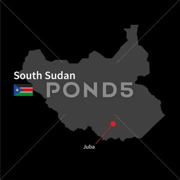 Detailed map of South Sudan and capital city Juba with flag on black ...