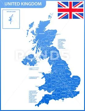 The detailed map of the United Kingdom with regions or states and cities, cap Stock Illustration