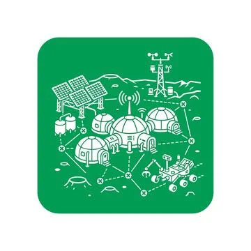 Detailed mars base settlement illustration in green and white with intercon.. Stock Illustration