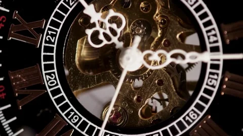 Detailed mechanical gears spinning inside a luxury skeleton watch Stock Footage 329596095