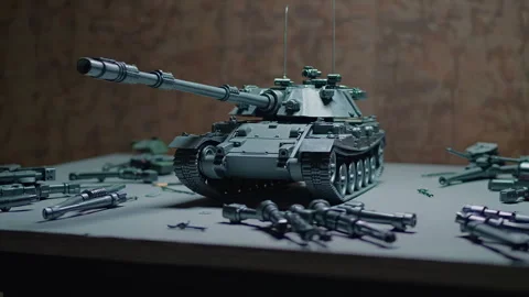 A Detailed Model Tank Complete with Various Accessories Presented on Display for Stock Footage 295888873