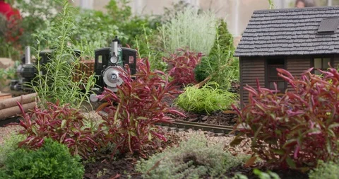 Detailed Model Train Set Passing Through Miniature Town Vídeo Stock 99463161