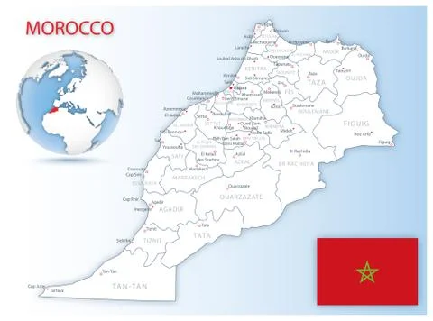 Detailed Morocco administrative map with country flag and location on a blue  库存插图