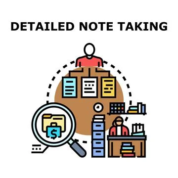 Detailed note taking process organizing information concepts Stock Illustration