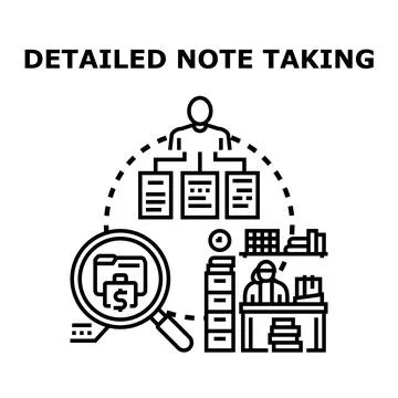 Detailed note taking process organizing information concepts Stock Illustration