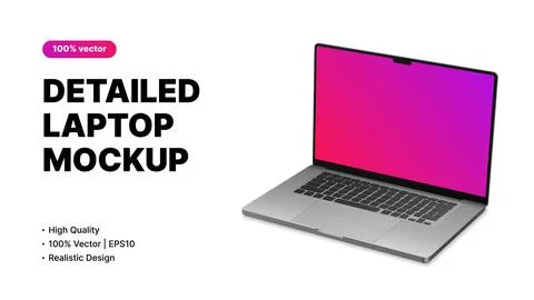 Detailed Notebook Mockup. Simple White Manner with Realistic Laptop Template Stock Illustration