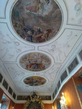 Detailed painted ceiling inside the Red Room (Hall of Portraits) Stock Photos