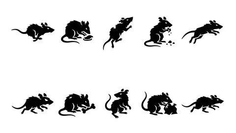Detailed rat silhouette set featuring diverse poses and actions for pest ma.. Stock Illustration