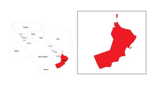 A detailed red map of Oman highlighted within the Middle East geography showing Stock Illustration