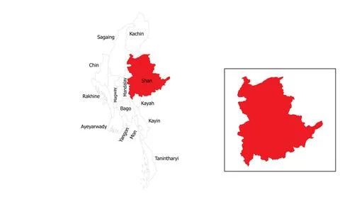 Detailed red map of Shan state highlighting its location within Myanmar Stock Illustration