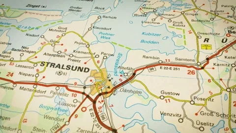 Detailed road map to stralsund, germany – gliding camera view over atlas map Stock Footage 346188378