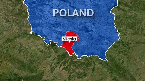 Detailed satellite map animation highlighting Poland's Silesia region Stock Footage 342012235