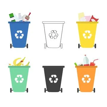 A detailed set of six color-coded recycling bins for waste management Stock Illustration