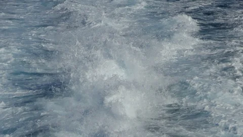 Detailed shot of V shaped pattern of Kelvin wake lines from behind a fast ship Stock Footage 92032971