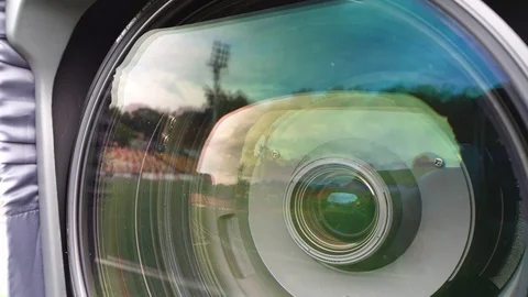 A detailed shot of a video camera front lens. Stock Footage 113704847