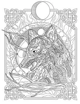 Detailed side profile of a wolf head with the moon, branches, design patterns - Illustrazione stock