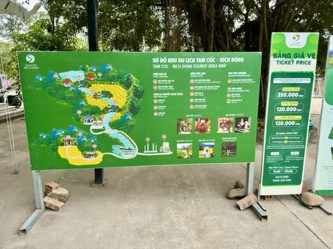 Detailed sightseeing map and navigation board for tourists at Tam Coc Bich Stock Photos