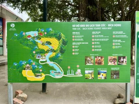 Detailed sightseeing map and navigation board for tourists at Tam Coc Bich Stock Photos