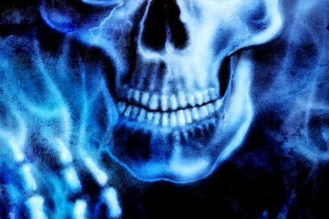 Detailed skull and skeleton hand and blue fire, on black background Stock Illustration