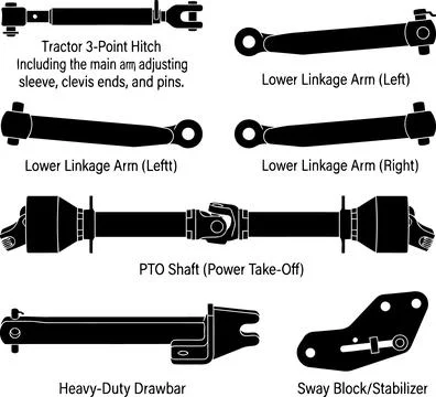Detailed technical illustration showcasing a complete set of tractor three-.. Illustration