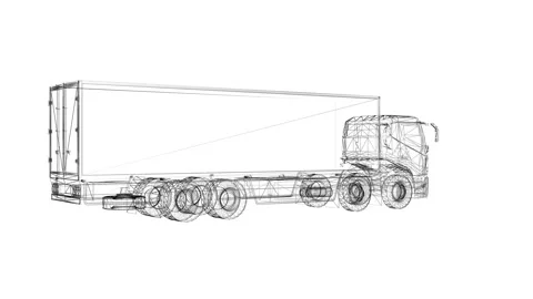 Detailed Technical Wireframe of a Semi-Truck from Multiple Angles Video stock 334590430