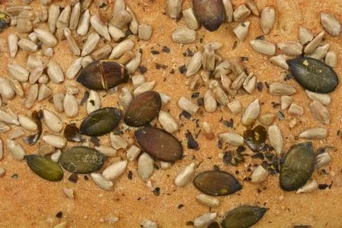Detailed texture of a bread crust topped with mixed seeds Stock Photos