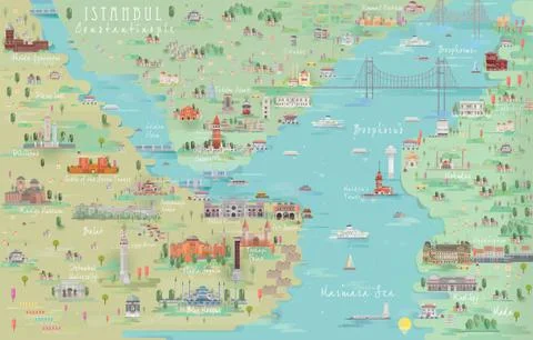 Detailed Tourist Map With Famous Destinations And Landmarks Of Istanbul Stock Illustration