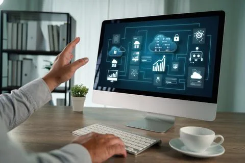 Detailed user flowchart and data analytics interface displayed on a modern .. Foto stock