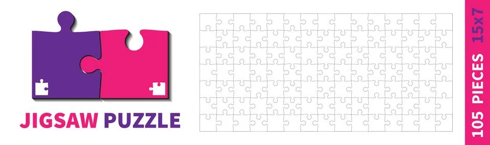 Detailed various shapes puzzle grid. Jigsaw puzzle blank template. 15x7 shapes, Illustrazione stock