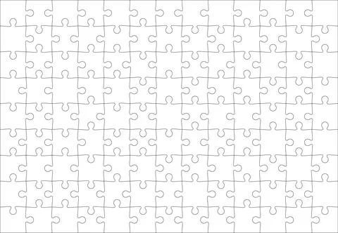 Detailed various shapes puzzle grid overlay. Jigsaw puzzle blank template. 13x9 Illustrazione stock