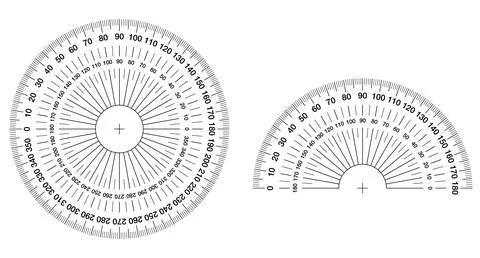 Detailed vector illustration of full-circle and semicircle protractors with p Illustrazione stock
