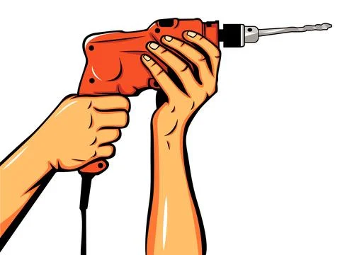 Detailed vector illustration of hands using an electric drill with a drill .. Stock Illustration