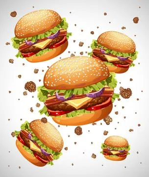 Detailed vector illustration of several layered cheeseburgers floating agains Stock Illustration